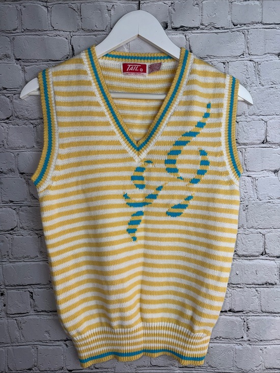 Tail Sweaters - VINTAGE TAIL Striped Sweater Vest Tennis Golfcore Prep M Yellow & Aqua